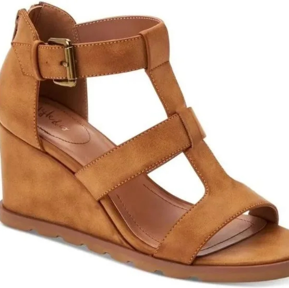 Style & Co. Women’s Marionn Smooth Brown Strappy Wedge Sandals.